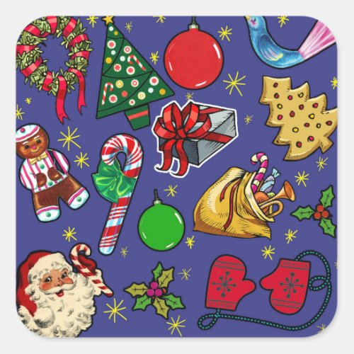 Retro Christmas Vintage Colorful Blue Red Green Square Sticker