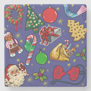 Retro Christmas Vintage Colorful Blue Red Green Stone Coaster