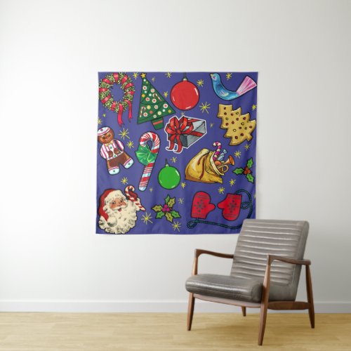 Retro Christmas Vintage Colorful Blue Red Green Tapestry