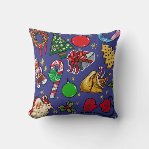 Retro Christmas Vintage Colorful Blue Red Green Throw Pillow