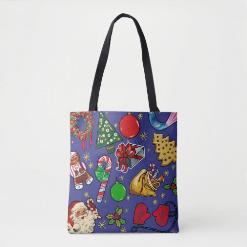 Retro Christmas Vintage Colorful Blue Red Green Tote Bag