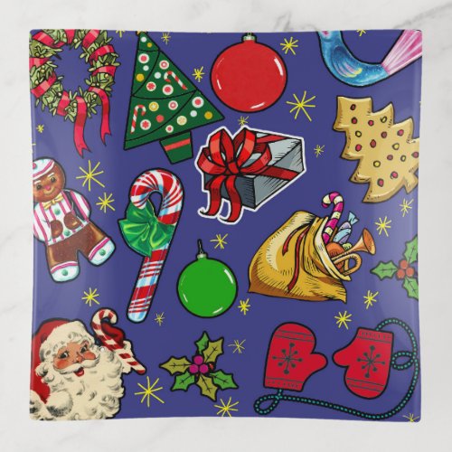 Retro Christmas Vintage Colorful Blue Red Green Trinket Tray