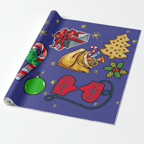 Retro Christmas Vintage Colorful Blue Red Green Wrapping Paper