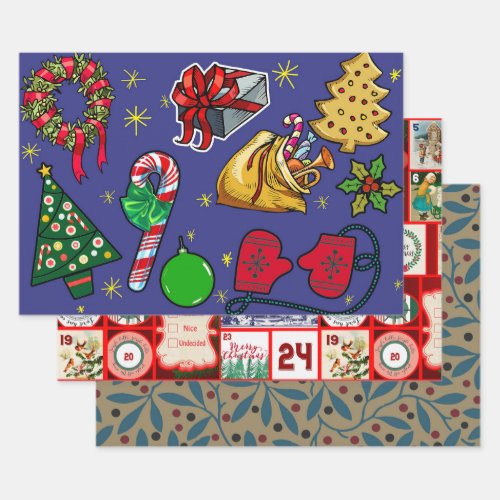 Retro Christmas Vintage Colorful Blue Red Green Wrapping Paper Sheets