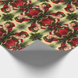 Retro Christmas Vintage Girl Woman Red Elf Classic Wrapping Paper