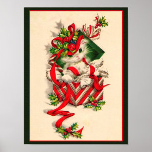 Retro Christmas Vintage Kitten Christmas Poster