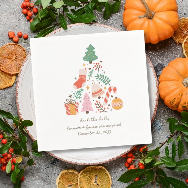 Retro Christmas Wedding Illustrated Deck the Halls Napkins (Retro Christmas Wedding Napkin Illustrated Deck the Halls Napkins
)