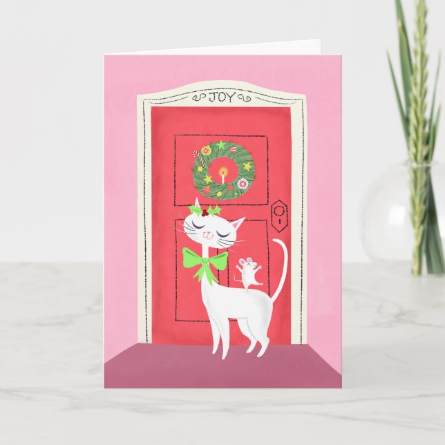  Retro Christmas White Cat and Mouse Holiday Card (Front)