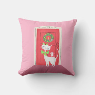 Retro Christmas White Cat and Mouse Throw Pillow