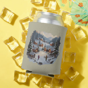 Retro Christmas Winter Village 90s Mountains Trees Can Cooler