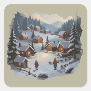 Retro Christmas Winter Village 90s Mountains Trees Square Sticker