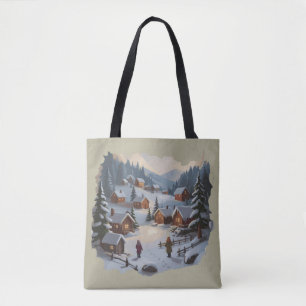 Retro Christmas Winter Village 90s Mountains Trees Tote Bag