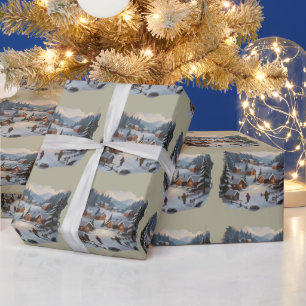 Retro Christmas Winter Village 90s Mountains Trees Wrapping Paper