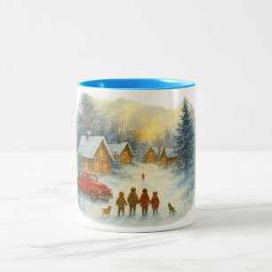 Retro Christmas Winter Village , Vintage Mountain  Two-Tone Coffee Mug