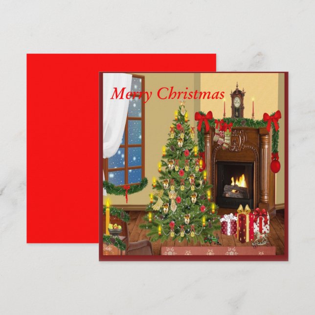 Retro Christmas With Tree Gifts n Fireplace Card (Front/Back)