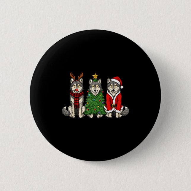 Retro Christmas Wolf Santa Reindeer  Button (Front)