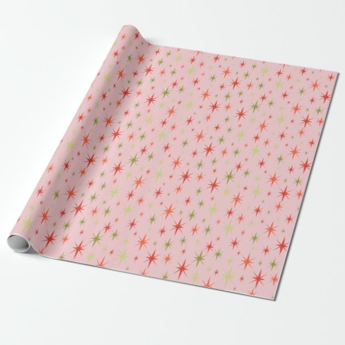 Retro Christmas Wrapping Paper 1950s Stars on Pink