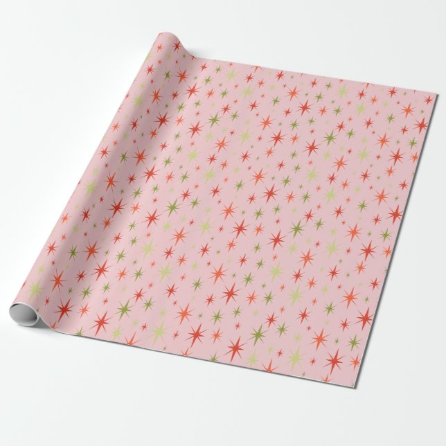 Retro Christmas Wrapping Paper 1950s Stars on Pink (Unrolled)
