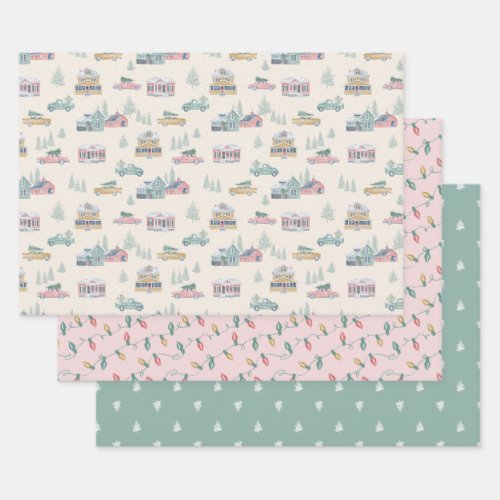 Retro Christmas Wrapping Paper Flat Sheet Set of 3