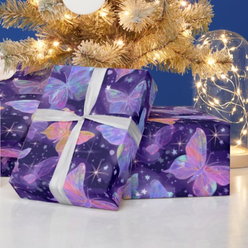 Retro Chrome Hearts and Butterflies Wrapping Paper