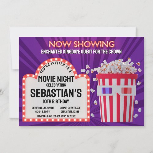 Retro Cinema Sign and Popcorn Birthday Movie Night Invitation