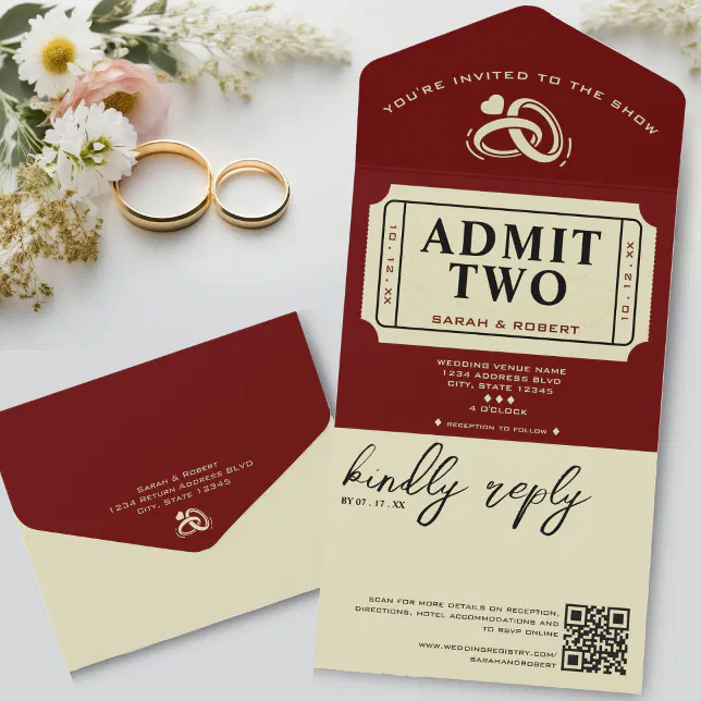 Retro Cinema Theater Admit Two Ticket Wedding All In One Invitation ...