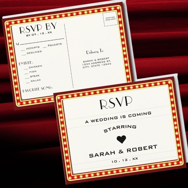 Retro Cinema Theater Marquee Sign Red Wedding RSVP Postcard (Retro Cinema Theater Marquee Sign Red Wedding RSVP Postcard)