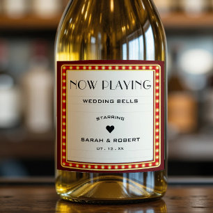 Retro Cinema Theater Marquee Sign Red Wedding Sparkling Wine Label