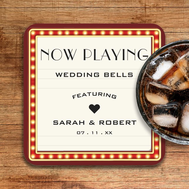 Retro Cinema Theater Marquee Sign Red Wedding Square Paper Coaster (Retro Cinema Theater Marquee Sign Red Wedding Square Paper Coaster
)