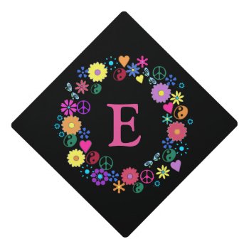 Retro Circle Of Love And Peace Custom Initial Graduation Cap Topper by Angharad13 at Zazzle