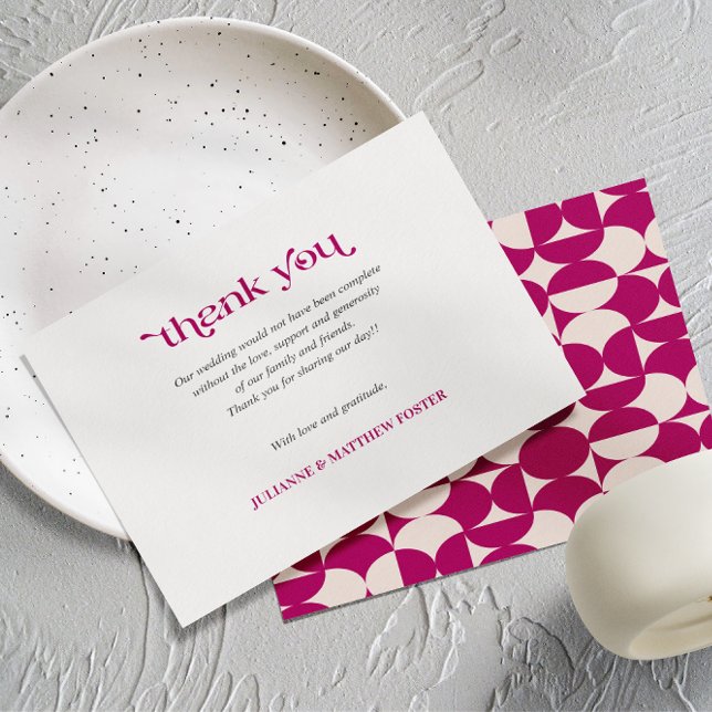 Retro  Circle Scallop Mid Century Purple WEDDING Thank You Card (Wedding Thank you card with purple vintage inspired bold pattern Mid century modern geometric)