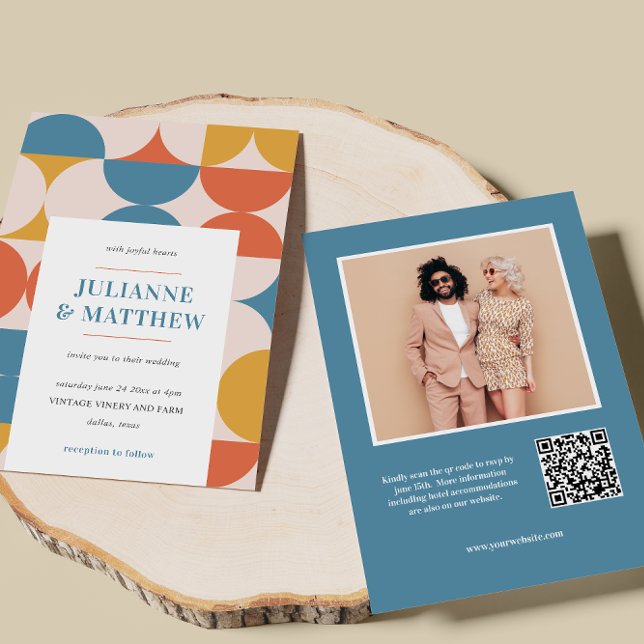 Retro Circle Scallop Mid Century QR CODE PHOTO Invitation (Photo Wedding invitation with Qr code and Vintage Retro Bold print pattern in blue orange and yellow)