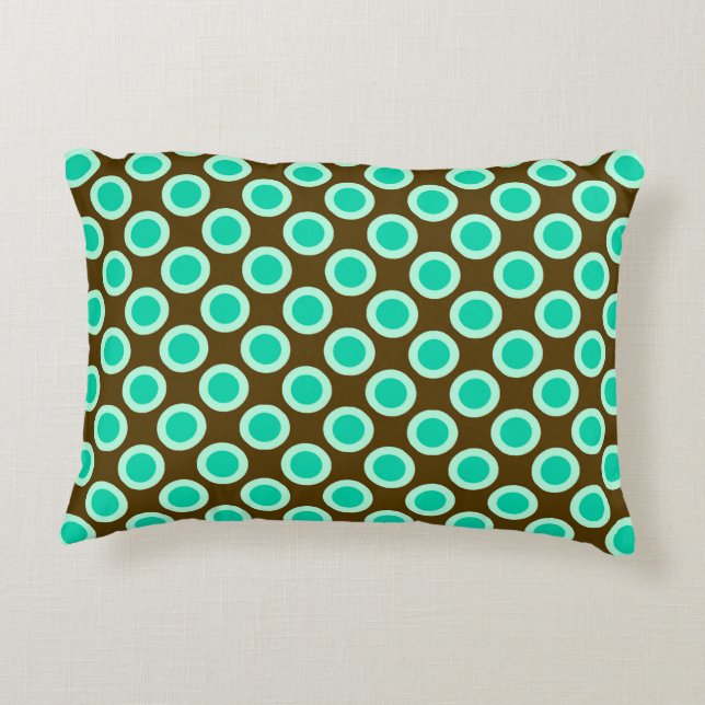 Retro circled dots, brown and turquoise accent pillow (Back)