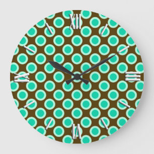 Retro circled dots, brown and turquoise large clock