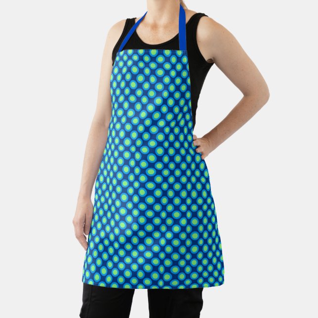 Retro circled dots, cobalt blue and light green apron (Insitu)