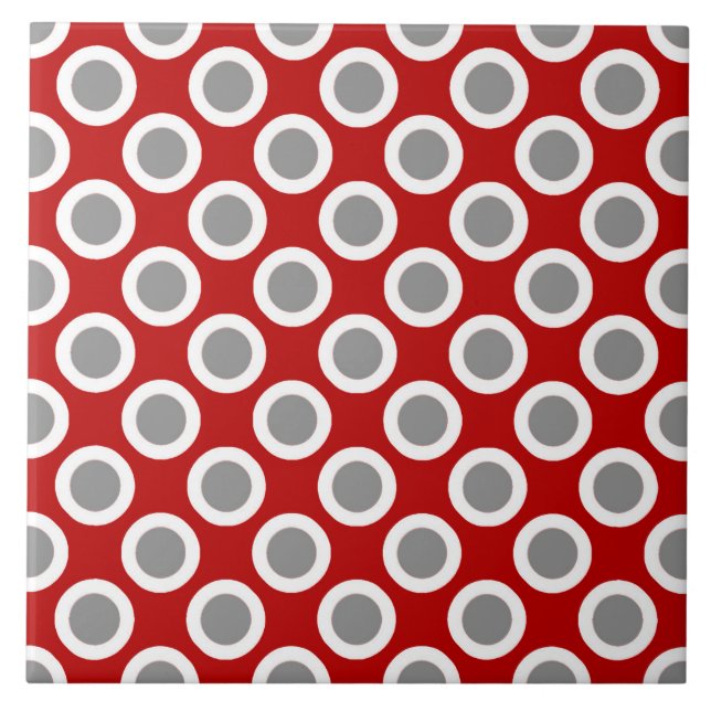 Retro circled dots, deep red and gray ceramic tile (Front)