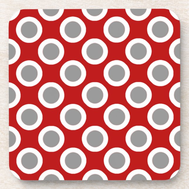 Retro circled dots, deep red and gray drink coaster (Front)