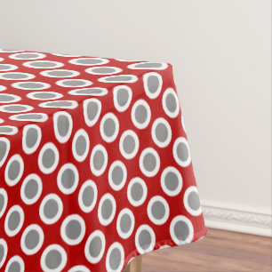 Retro circled dots, deep red and gray tablecloth