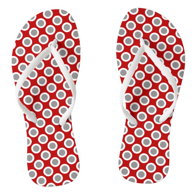 Retro circled dots, deep red and grey flip flops (Footbed)