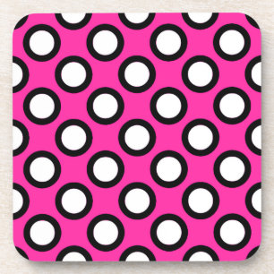 Retro circled dots, fuchsia, black and white coaster