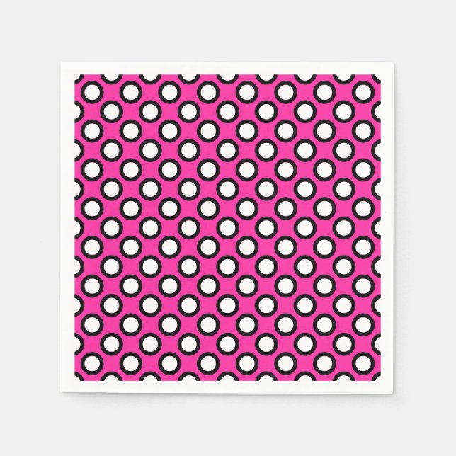 Retro circled dots, fuchsia, black and white napkins (Front)