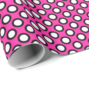 Retro circled dots, fuchsia, black and white wrapping paper
