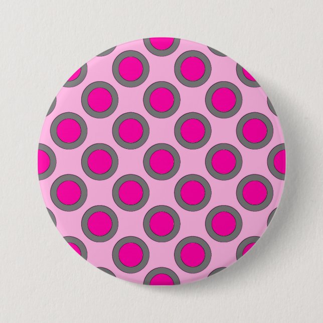 Retro circled dots, fuchsia, grey and pink pinback button (Front)