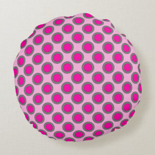 Retro circled dots, fuchsia, grey and pink round pillow