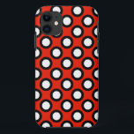 Retro circled dots, red, black and white iPhone 11 case<br><div class="desc">Retro dots with a contrasting border,  based on a classic,  Mid-Century Modern upholstery pattern - white dots bordered in black on a deep lipstick red background</div>