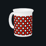 Retro circled dots, red, black and white drink pitcher<br><div class="desc">Retro dots with a contrasting border,  based on a classic,  Mid-Century Modern upholstery pattern - white dots bordered in black on a deep lipstick red background</div>