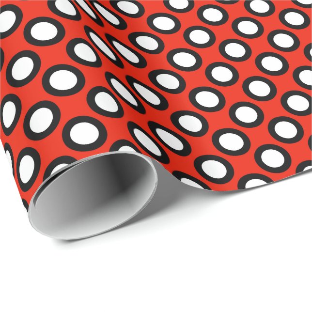 Retro circled dots, red, black and white wrapping paper (Roll Corner)
