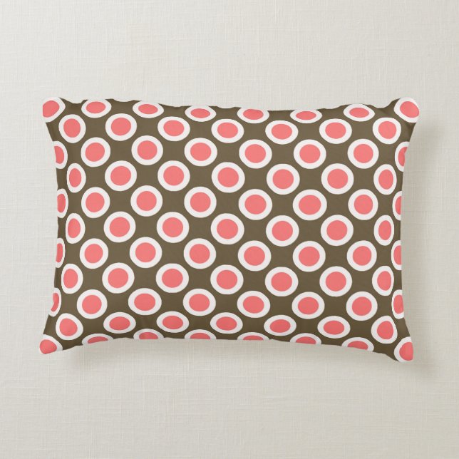 Retro circled dots, taupe and coral pink decorative pillow (Back)