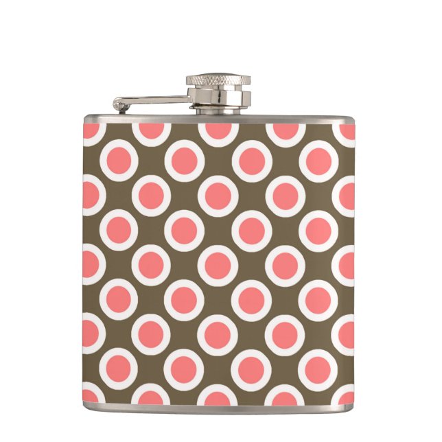 Retro circled dots, taupe and coral pink flask (Front)