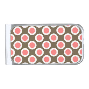 Retro circled dots, taupe and coral pink silver finish money clip